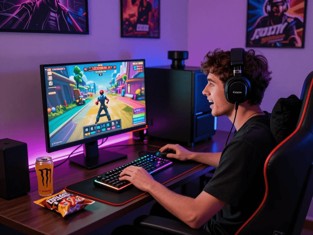 Engaged player immersed in online porn games with vibrant visuals and modern gaming setup.