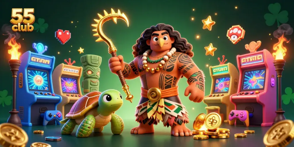 Engage in thrilling games at 55 club with vibrant casino elements and dynamic characters.