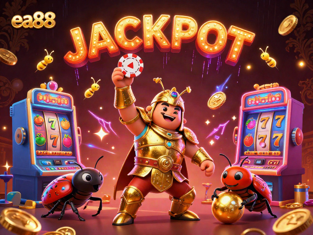 Celebrate wins at ea88 with vibrant casino-themed illustration featuring beetle characters and slot machines.
