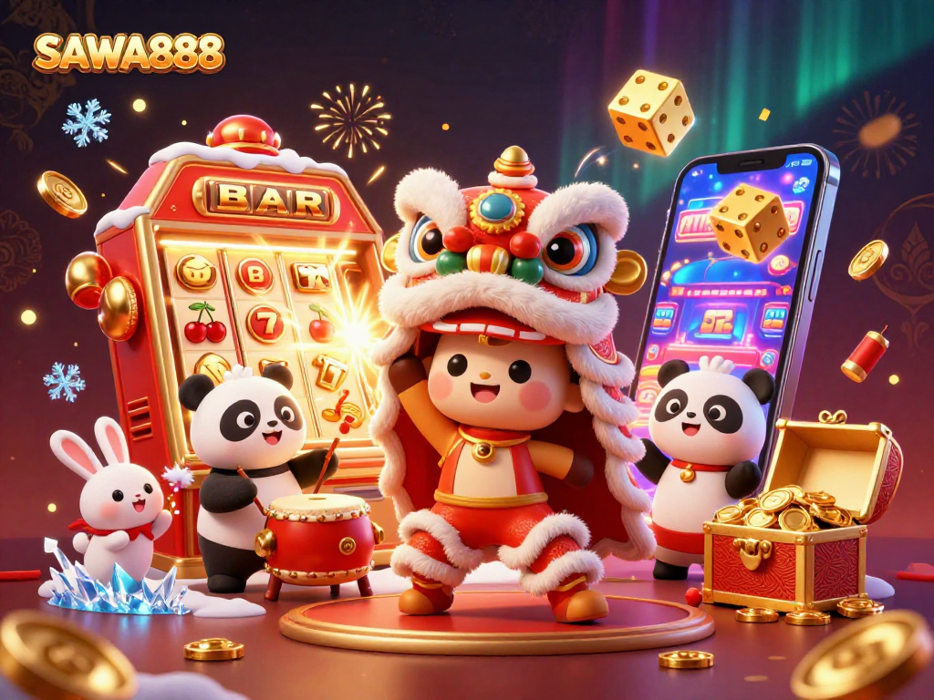 Experience thrilling gameplay at SAWA888 with a lively scene of winning symbols, slot machines, and festive characters.