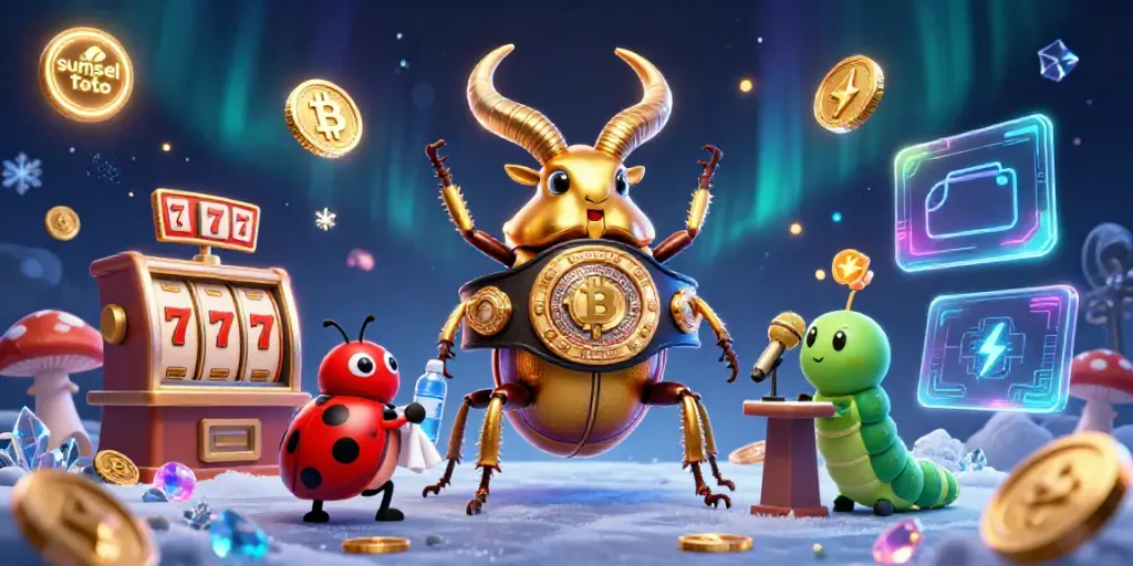 Engaging gambling illustration showcasing sumsel toto with vibrant characters, slot reels, and crypto elements.