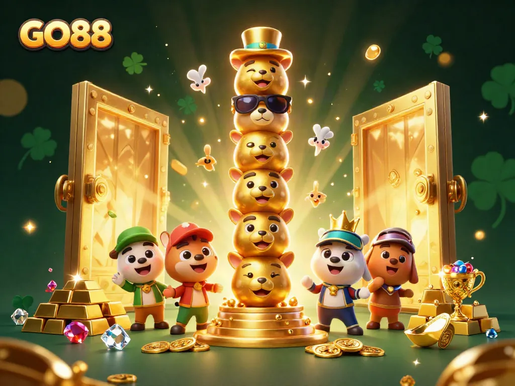 Experience the excitement of GO88 with a vibrant 3D totem and treasure scene packed with casino energy.