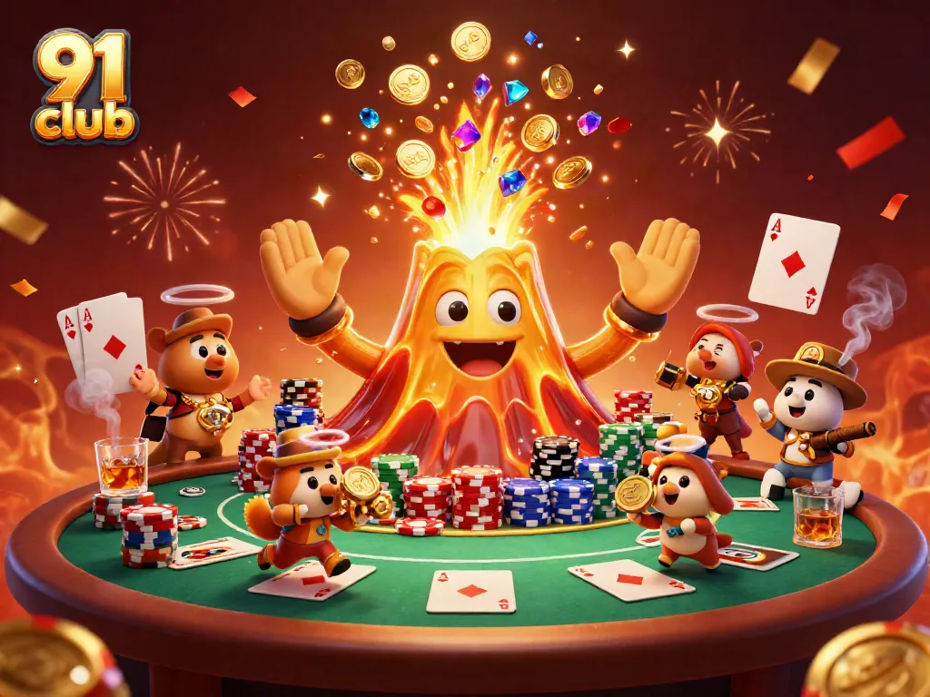 91 club players celebrate with golden treasures and a volcano of winnings in a lively casino scene.