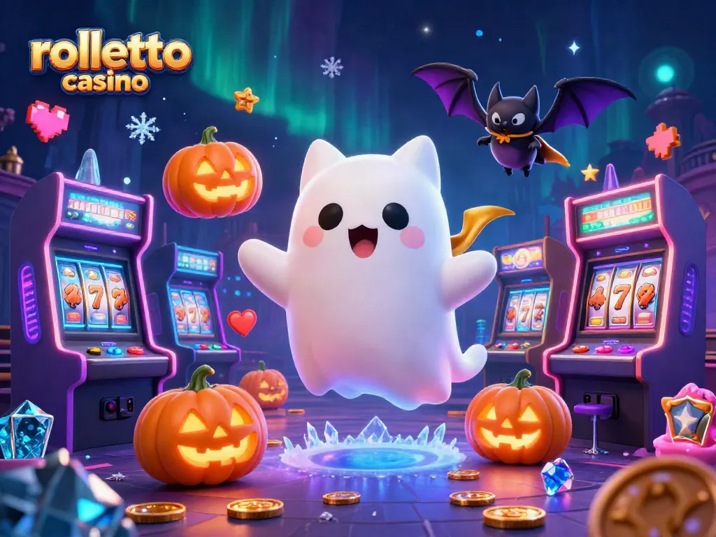 Experience the thrilling rolletto casino with a ghost cat and vampire bat amidst vibrant gaming elements.