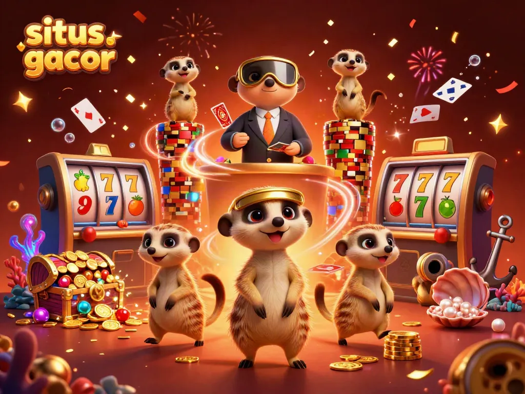 Experience situs slot gacor with lively meerkats in a vibrant casino scene filled with slot reels and treasures.