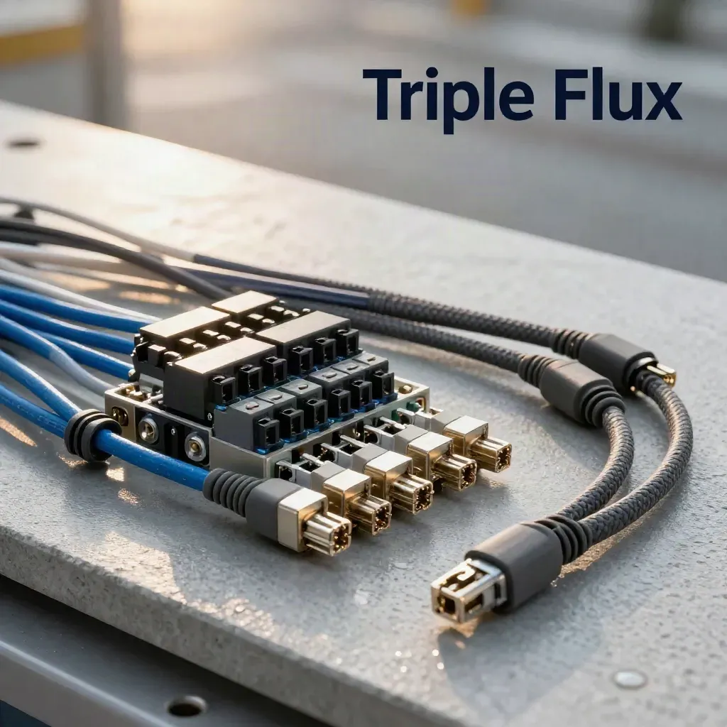 Automation cables, couplers and relay modules on sage stone with blue accent and winter light.