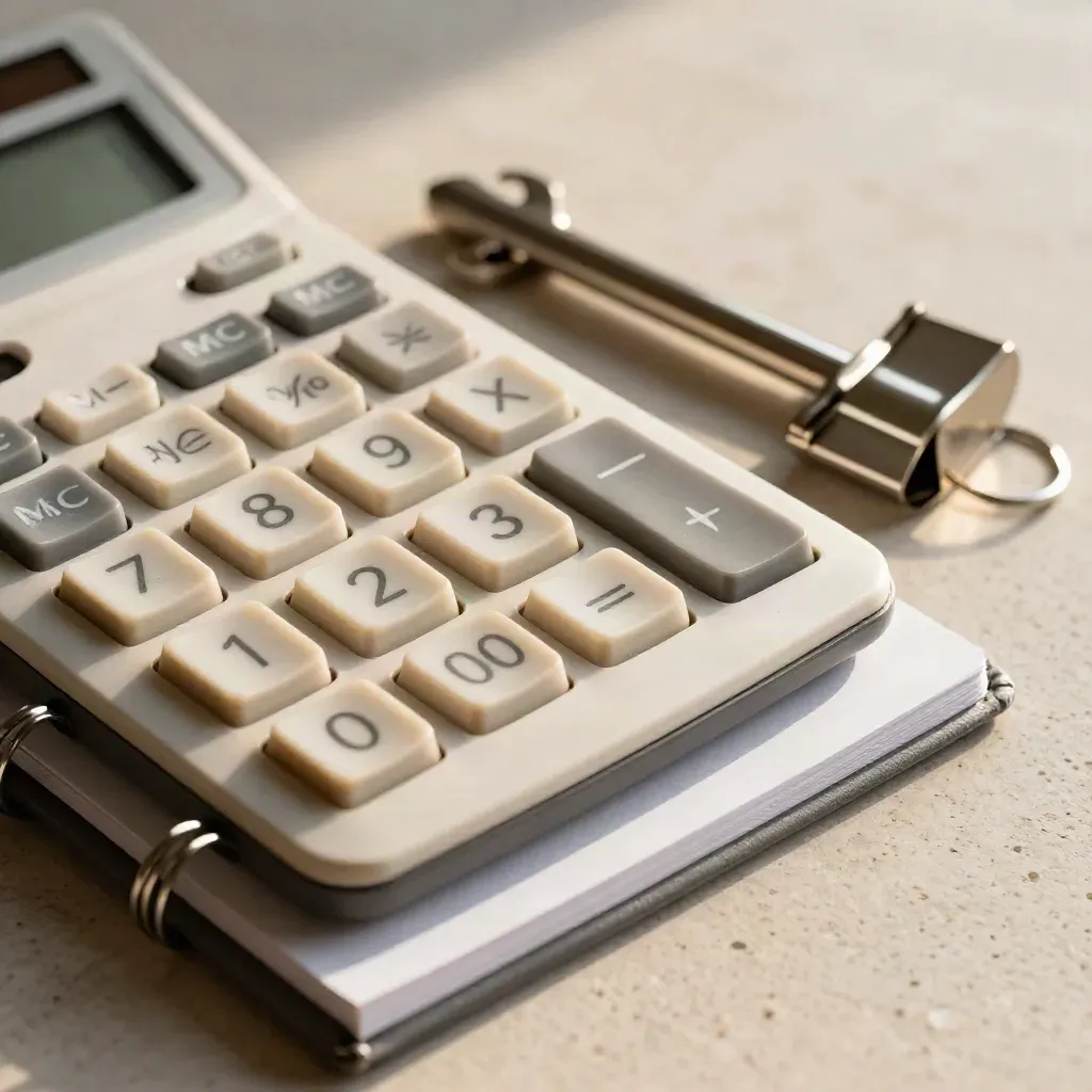 Top-down still life of calculator, binder spine, paper tray and metal clips on pale stone.