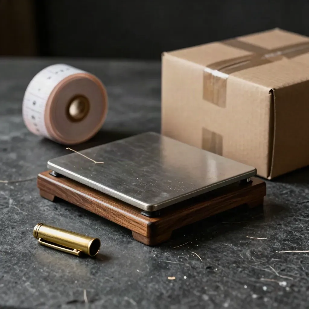 Parcel scale, tape roll, carton corners and brass cap on dark stone with deep bokeh.