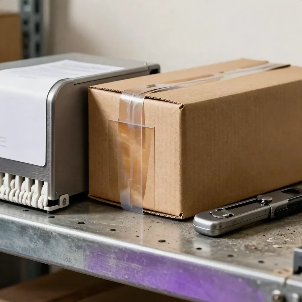 Macro still life of shipping tools on a warehouse shelf with cartons and a label dispenser.