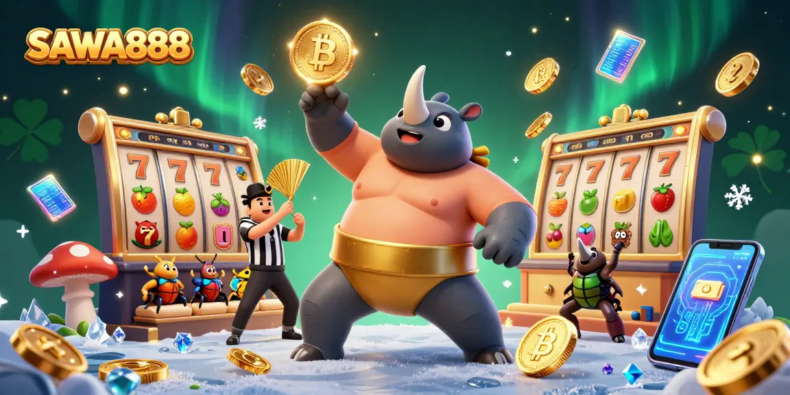 Experience the excitement of SAWA888 with a dynamic scene featuring a sumo champion beetle stomping golden coins in a vibrant casino.