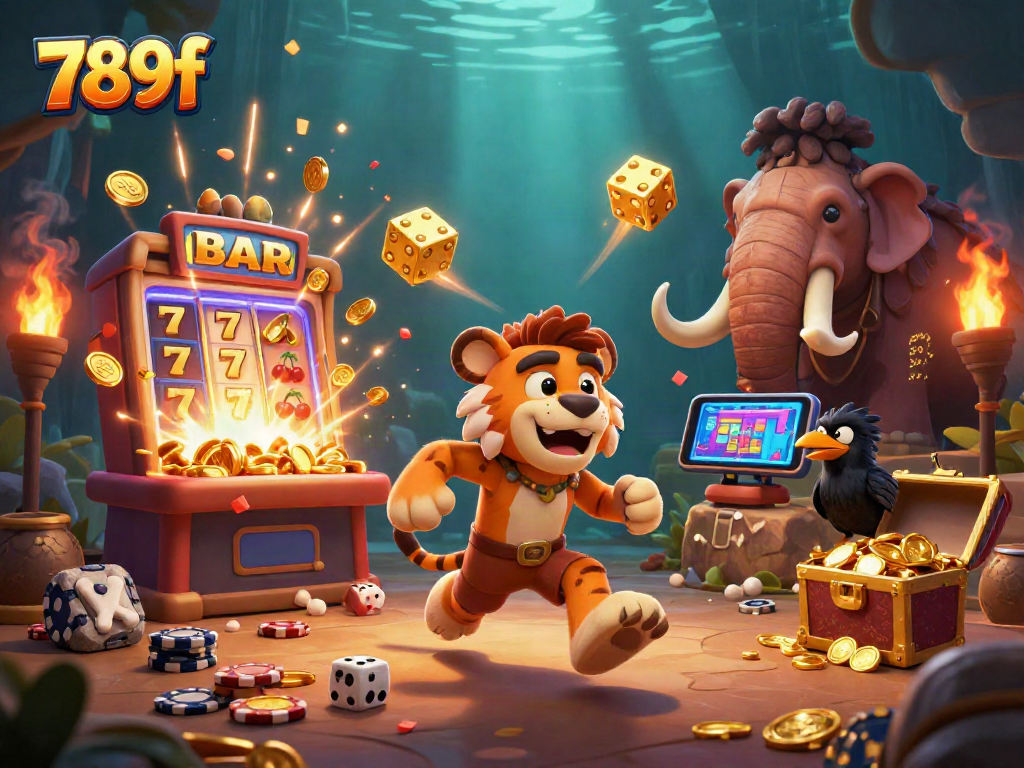 Experience the thrill of 789f with a dynamic casino scene featuring prehistoric characters and vibrant gaming elements.