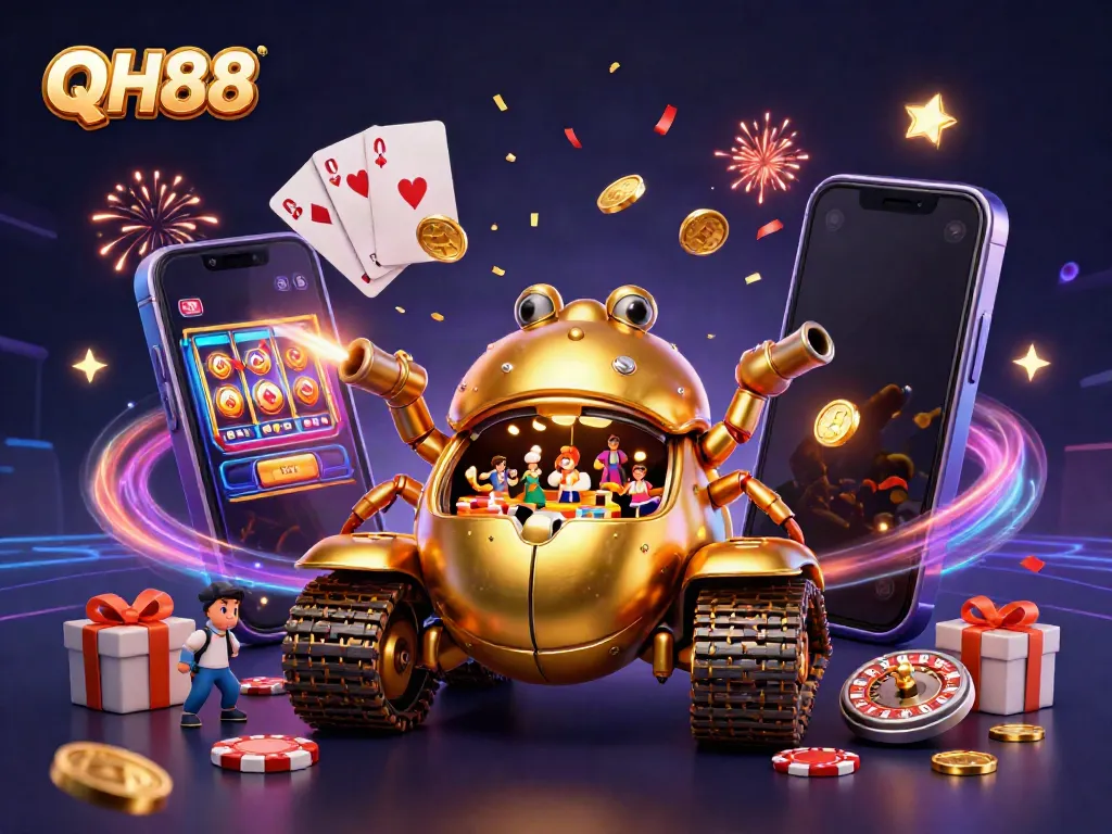 Experience the excitement of QH88 casino adventures with a vibrant 3D illustration showcasing gaming elements and exuberant celebrations.