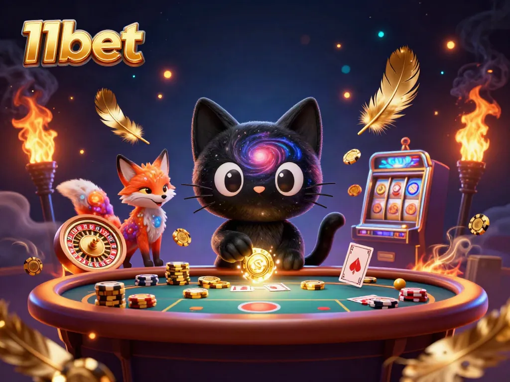 Experience the thrill of 11bet's cosmic casino with a black hole cat and nebula fox amidst vibrant elements.
