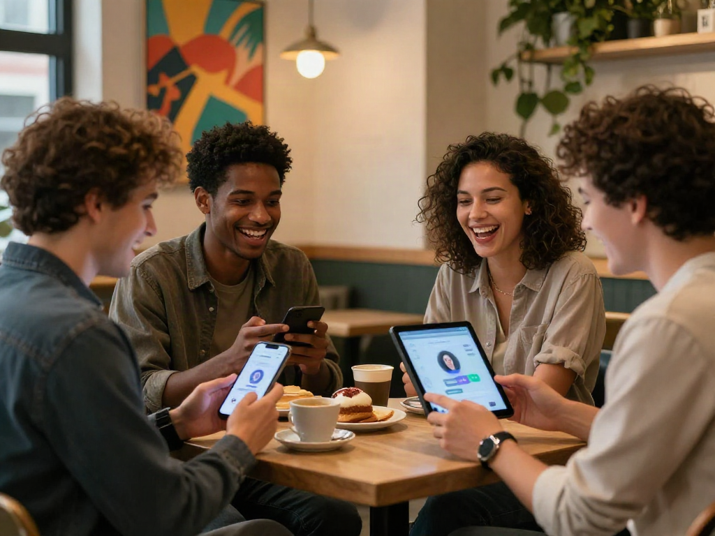 Friends engaging in a lively discussion about sex chat ai in a cozy coffee shop.