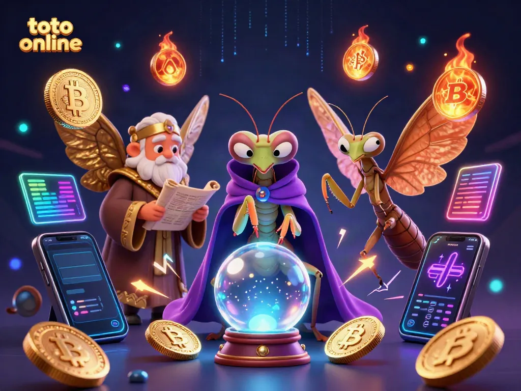 Engage in online betting with toto online, surrounded by mystical elements and crypto coins.