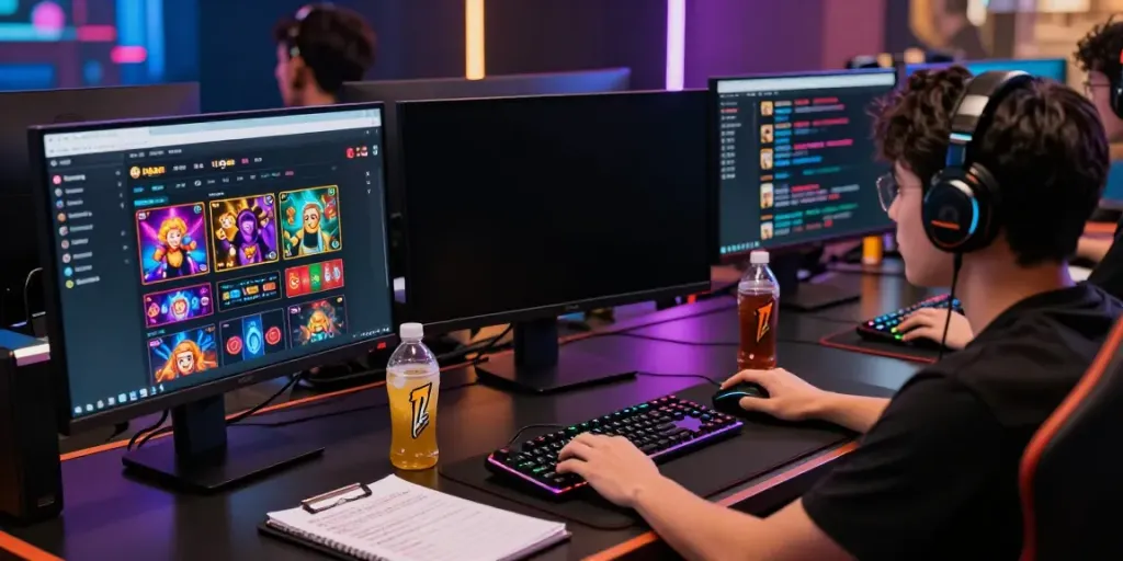 Engaging scene of a gamer using the 11bet platform at a stylish gaming desk with vibrant lights.