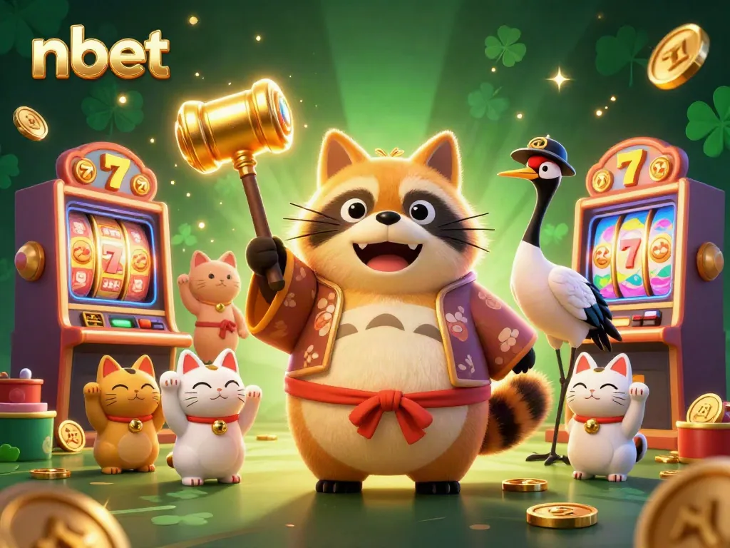 Play engaging slots at nbet with cheerful characters and festive designs in a vibrant casino scene.
