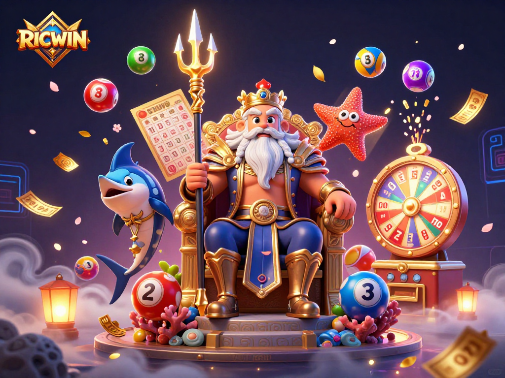 Engage with RICWIN in a vibrant scene featuring Neptune and lottery elements.