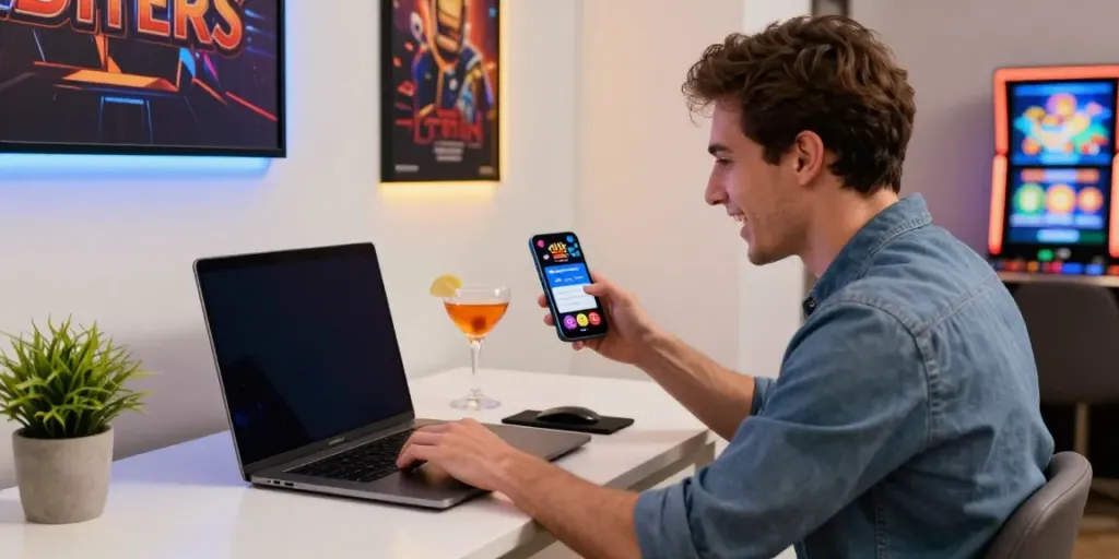 Engaged player exploring online credit card casinos with vibrant casino graphics on laptop.