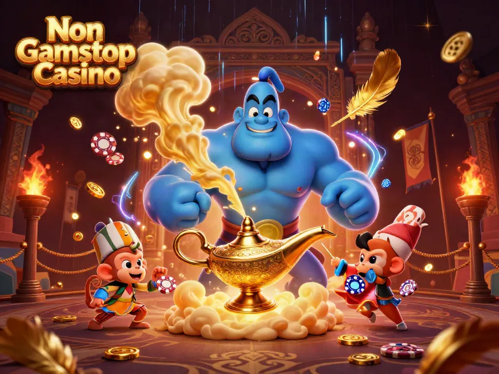 Experience the excitement of Non Gamstop Casino with a vibrant 3D scene featuring a mighty genie and poker chips.