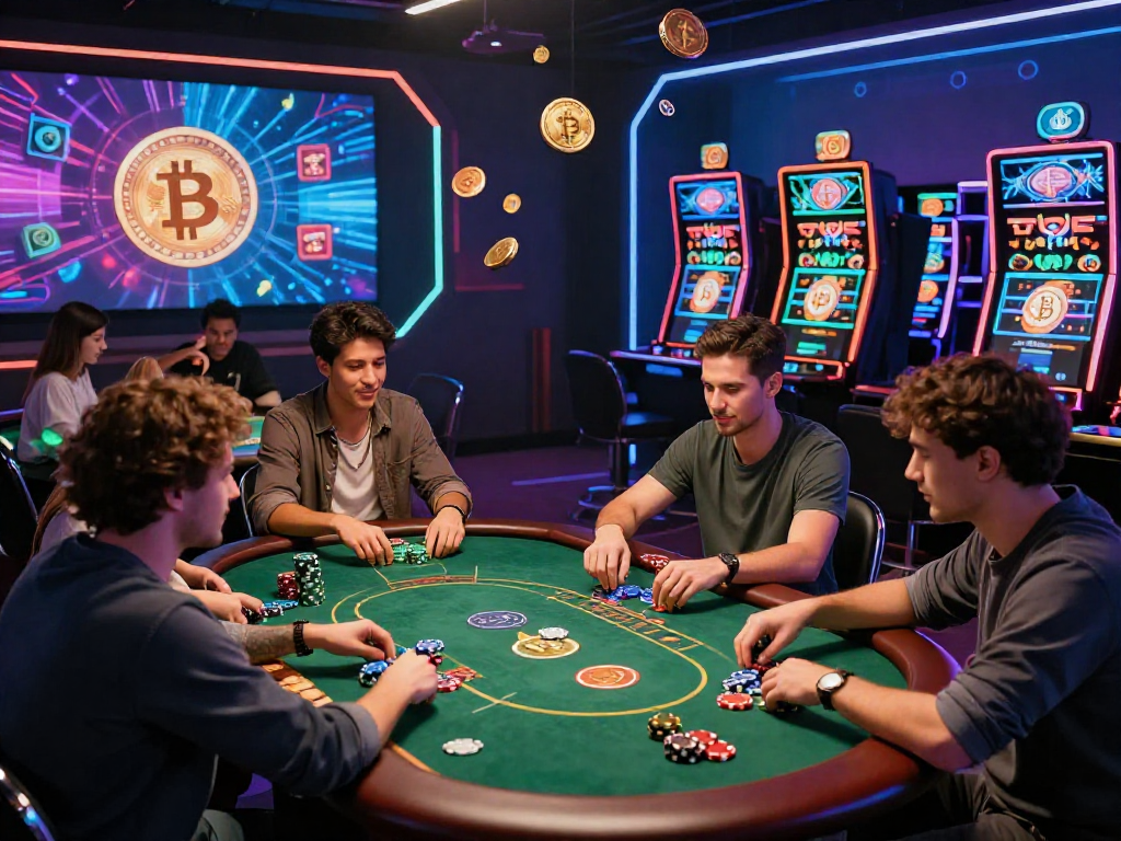Exciting crypto casino gaming scene with players engaged in poker and slots, featuring vibrant digital currency elements.