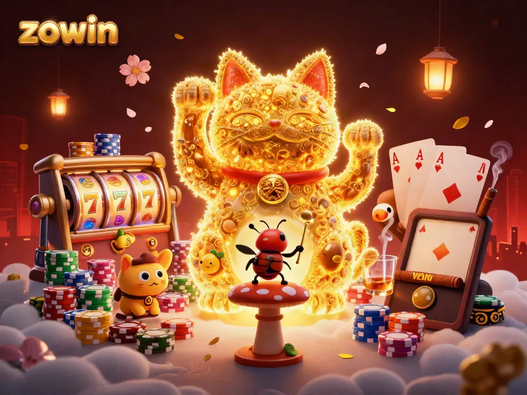 Experience the excitement of zowin in this ultra-detailed casino scene featuring a lucky cat and vibrant slot reels.