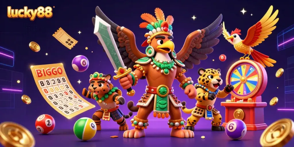 Experience exciting gameplay at lucky88 with vibrant lottery elements and dynamic characters in this 3D illustration.