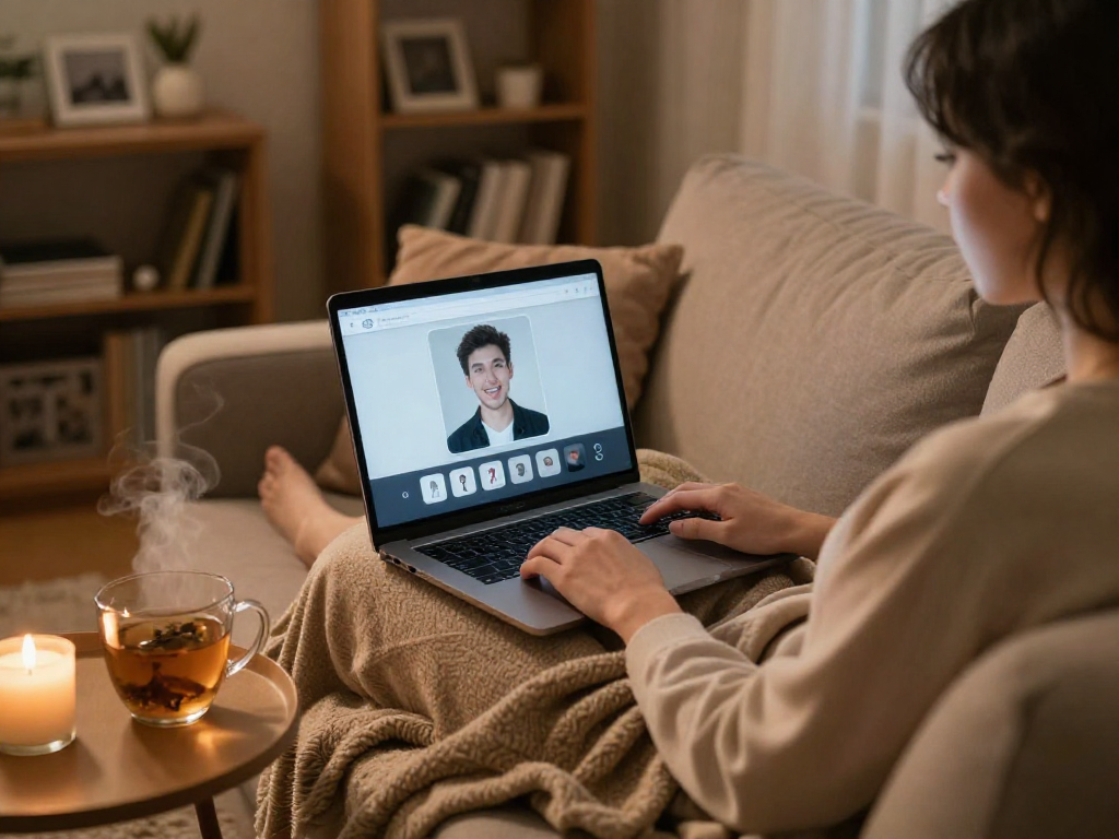 Engaging in a sex chat AI conversation in a cozy living room, showcasing personalized comfort and intimacy.