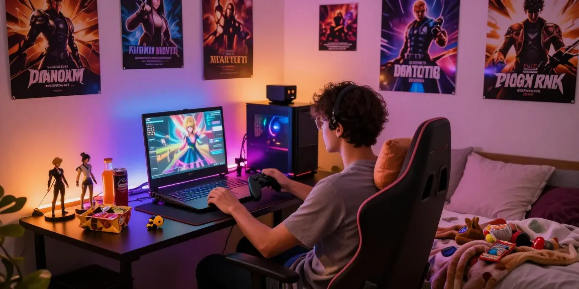 Engaging player immersed in an ero game on a cozy gaming setup with LED lights.