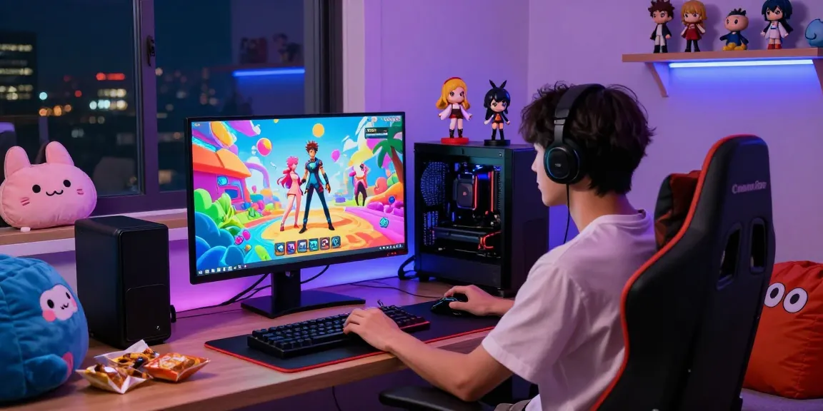 Enjoy engaging hentai game online with vibrant visuals and colorful characters in a gaming setup.