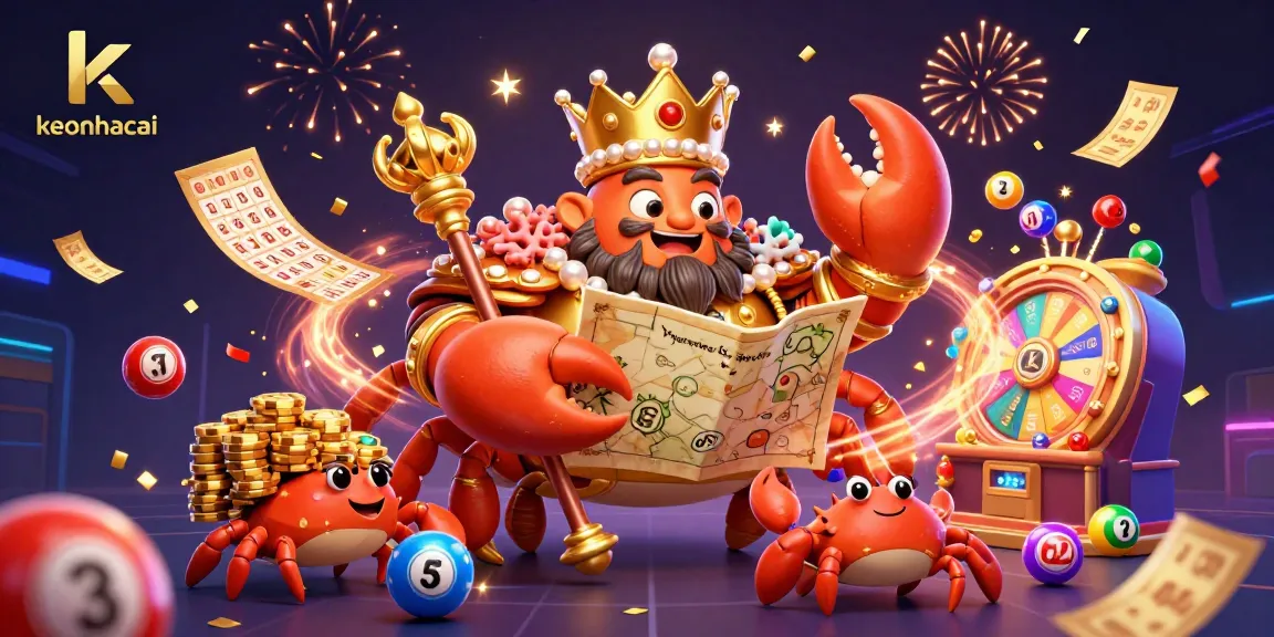keonhacai presents a festive 3D scene featuring a golden crab emperor surrounded by lottery balls and chips, celebrating wins.