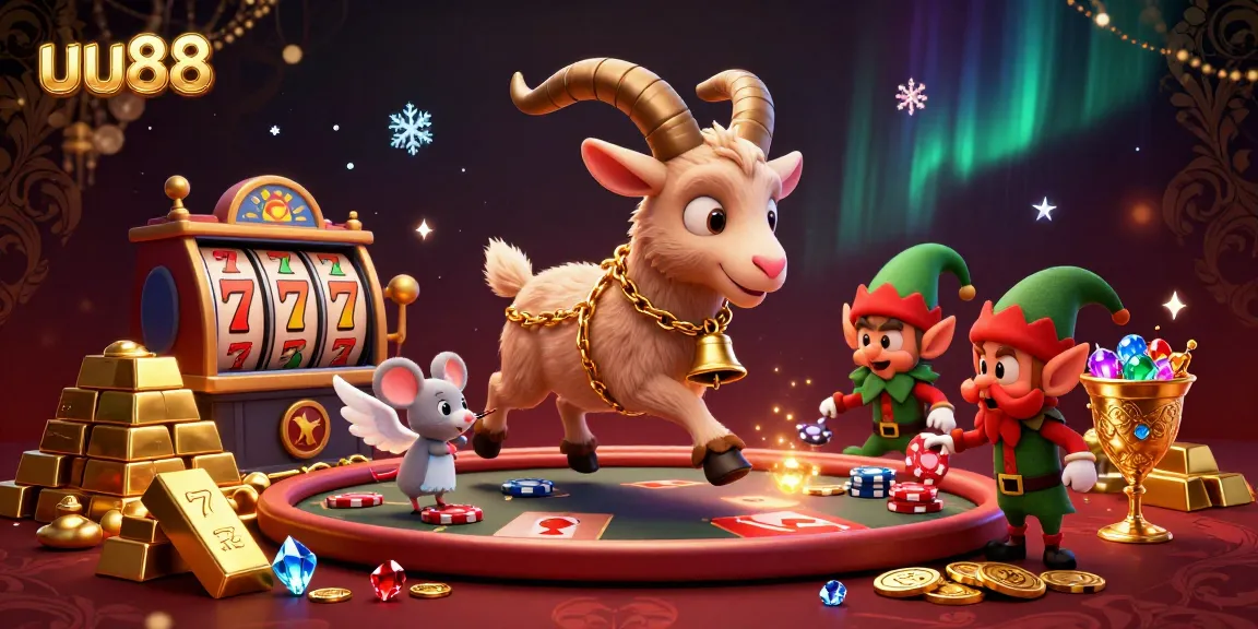 Experience excitement at uu88 casino with thrilling slot games and festive characters in an enchanting scene.