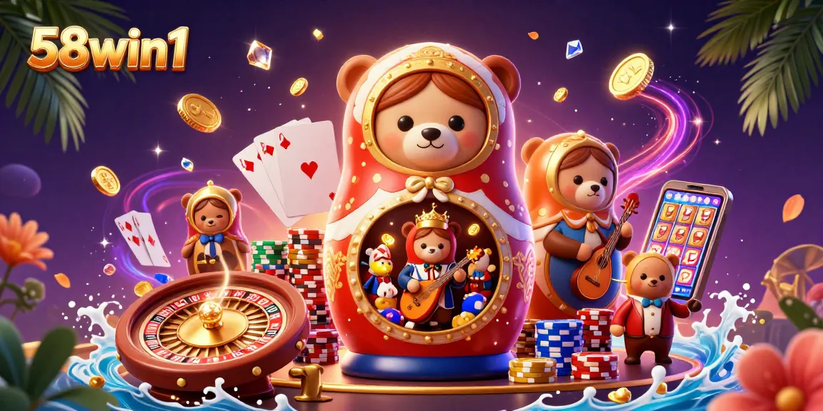 Experience the thrill of 58win1 with charming casino-themed bears and vibrant game elements.