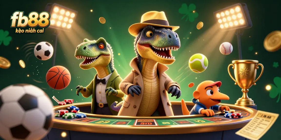 Betting action at fb88 kèo nhà cái with a velociraptor card counter, sports elements, and dynamic visuals.