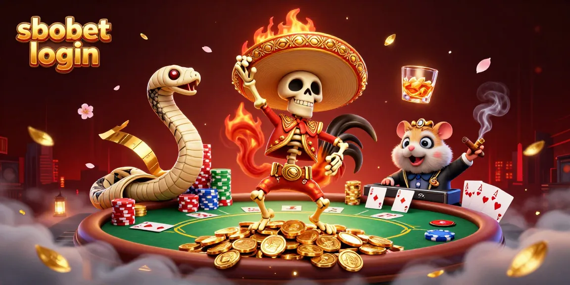 Experience sbobet login with vibrant casino characters and poker elements in this engaging dynamic scene.