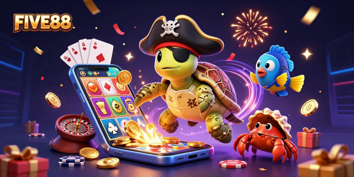 Engage with FIVE88 through a vibrant and festive casino scene featuring animated characters and gaming elements.