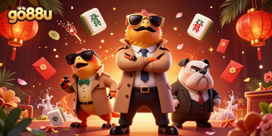 Discover the go88u VIP casino with raptors in a trench coat and a bulldog bouncer, surrounded by vibrant gambling elements.