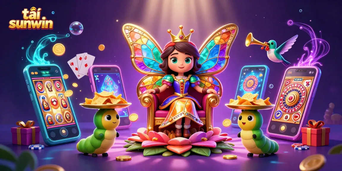 Engage with tải sunwin, featuring vibrant 3D characters in a magical casino scene with slot games.