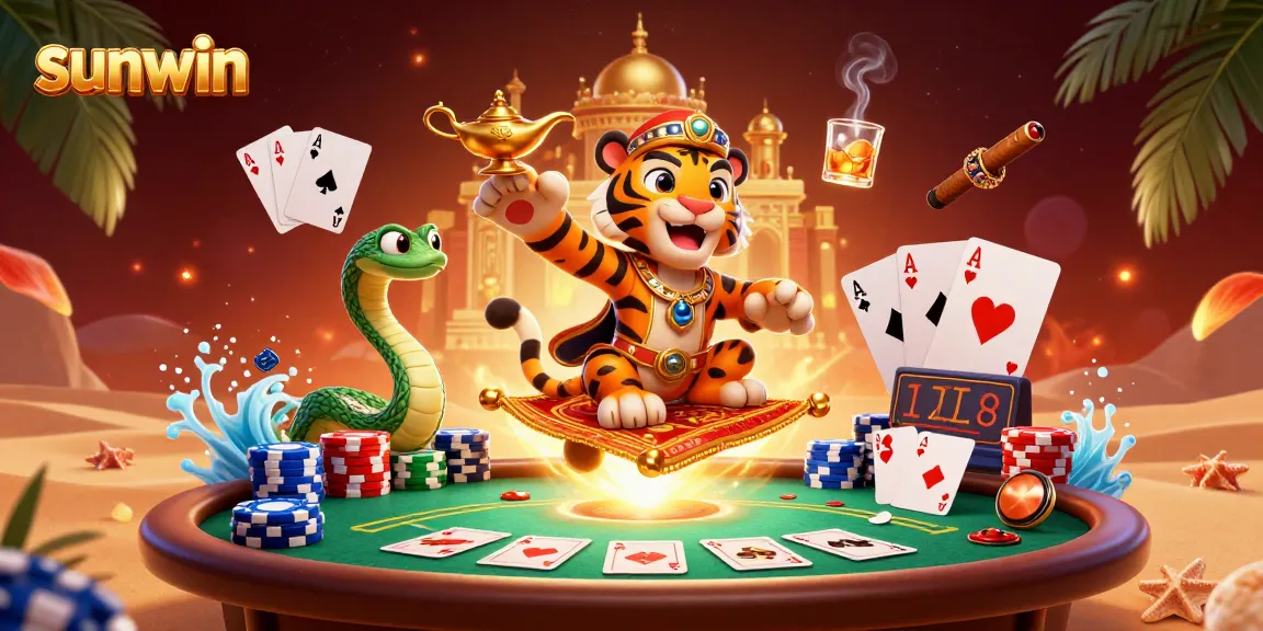 Experience the excitement of sunwin with a vibrant 3D illustration featuring a sultan on a flying carpet of poker chips.