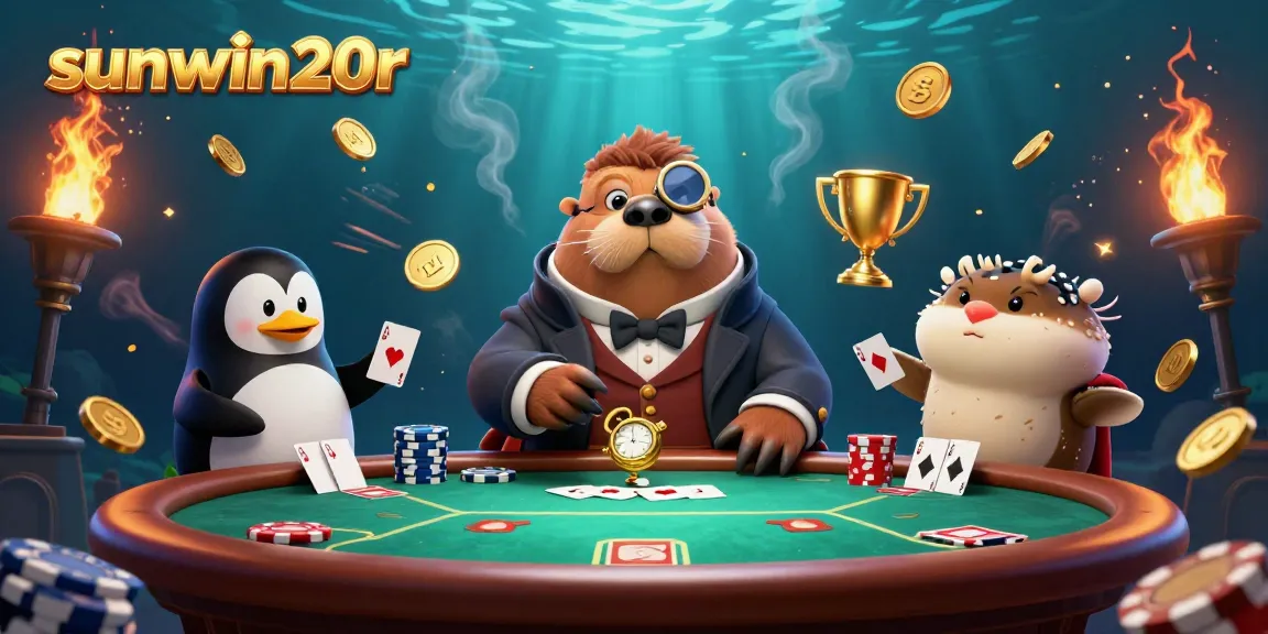 Engage in parallel poker games at sunwin20r in a vibrant underwater scene featuring animated characters and gold coins.