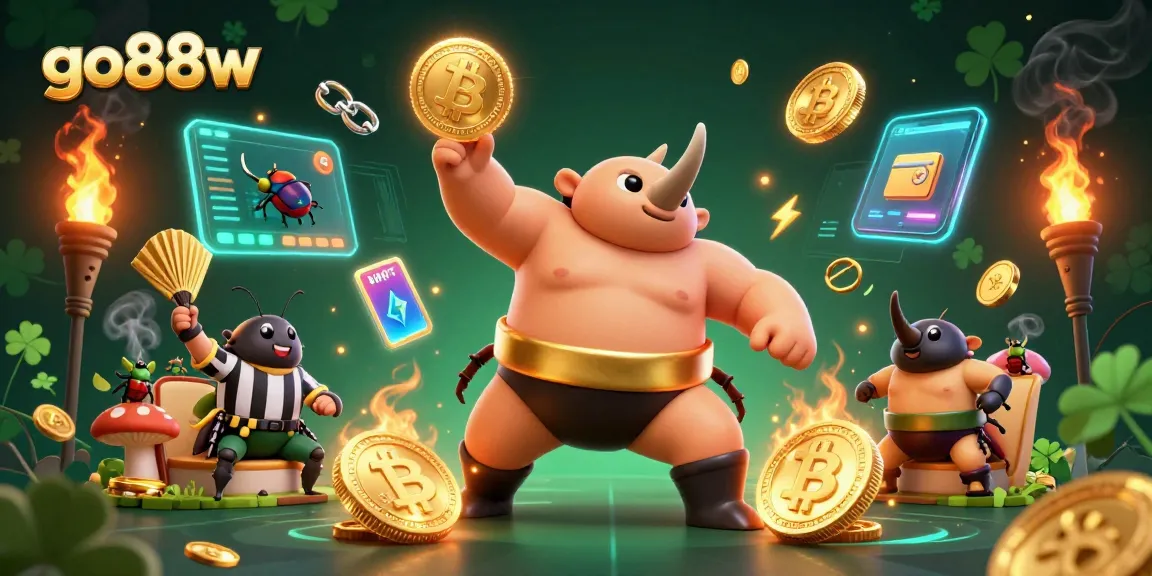 Join the excitement at go88w with a vibrant illustration of a rhino beetle sumo champion amidst flying golden coins.