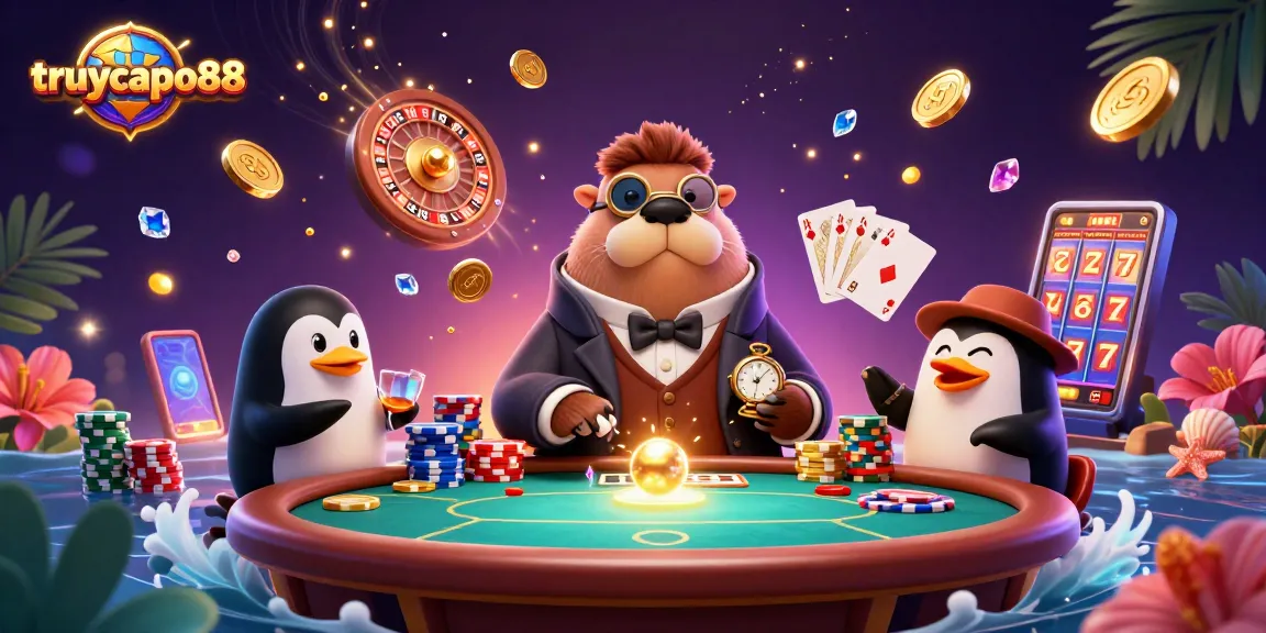 Engage in thrilling underwater poker with truycapgo88's jolly walrus and dealer duo amid cascading riches.